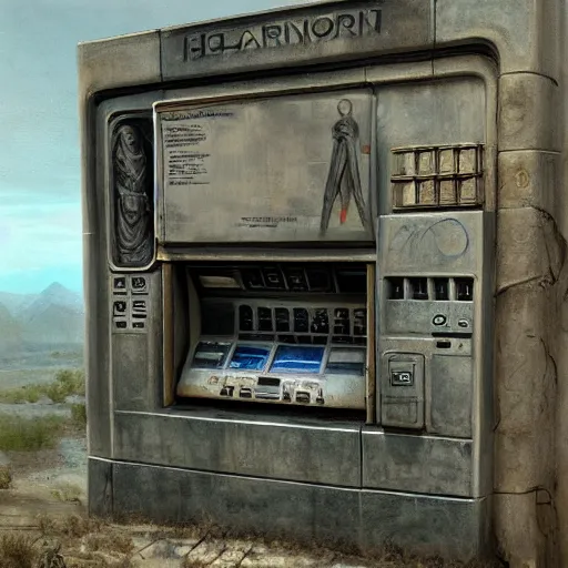 Prompt: detailed painting of a scifi abandoned atm, celestial ephemeral ornaments and greek architecture, artstation, h. r giger, in africa, cinematic