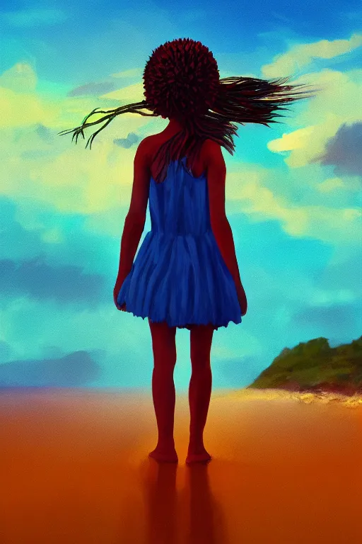 Image similar to closeup giant dahlia flower head, girl standing on beach, surreal photography, blue sky, sunrise, dramatic light, impressionist painting, digital painting, artstation, simon stalenhag