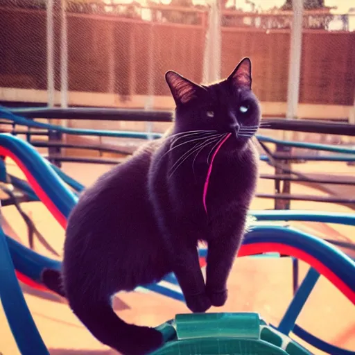 Image similar to black cat chilling on a rollercoaster. focus on cats face. sunlight. polaroid photo. bright colors.