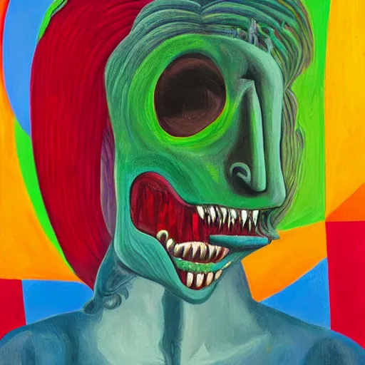 Prompt: portrait of a monster lady with alien head and teeth crying under the rainbow picasso oil high detail sharp texture canvas painting of a painting red blue green colors minimal 4k