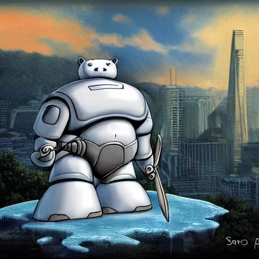 Image similar to an ice bear robot with an axe in san fransisco, epic digital art