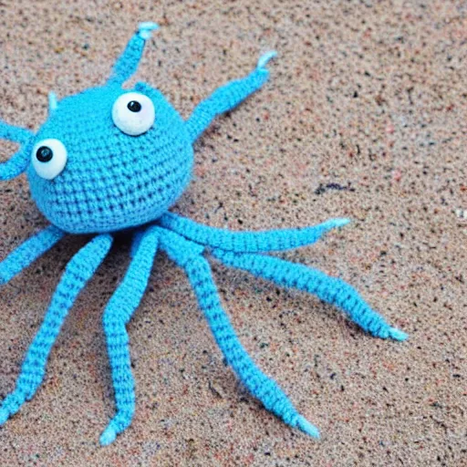 Image similar to cute fluffy light blue color spider with short arms and big eyes crochet doll standing on sand, hyperrealistic photograph, highly detailed, tactile, 8k, close up, macro