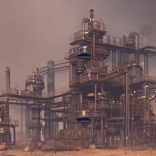 Prompt: a steampunk oil refinery in the desert that is on fire, shrouded in fog, highly detailed, 8k, sharp focus, trending on artstation