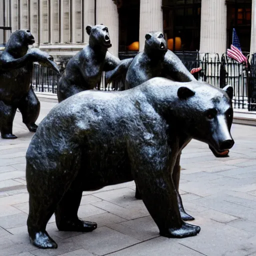 Prompt: Running of the bears, statue on wall street, Canon EOS