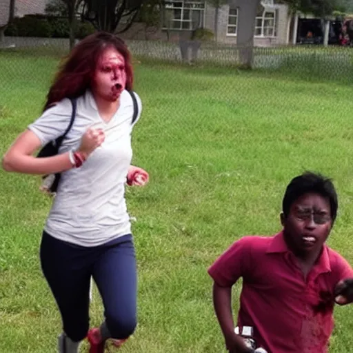 Prompt: teacher running from zombified students