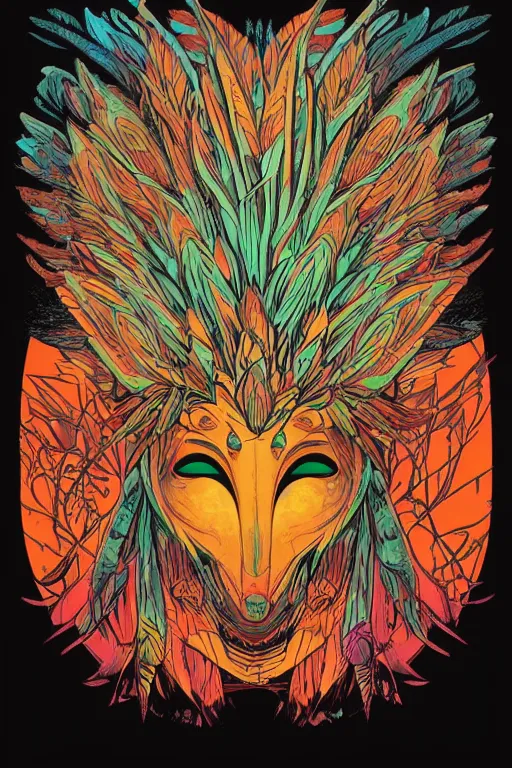 Image similar to animal mask totem roots flower tribal feather gemstone plant wood rock shaman vodoo video game vector cutout illustration vivid multicolor borderlands comics by josan gonzales and dan mumford radiating a glowing aura