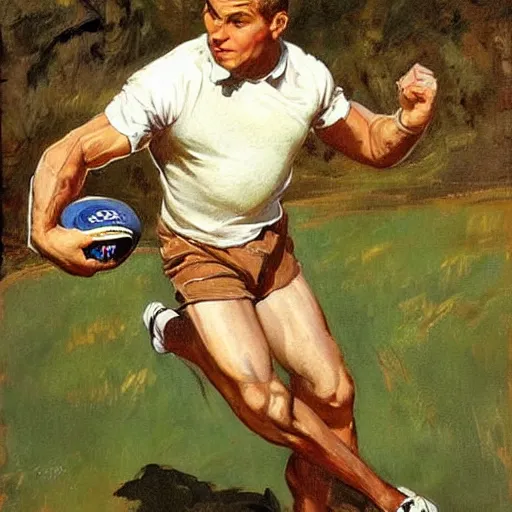 Image similar to handsome rugby player in a running pose, holding the rugby ball in his arm, full color painting by J.C. Leyendecker