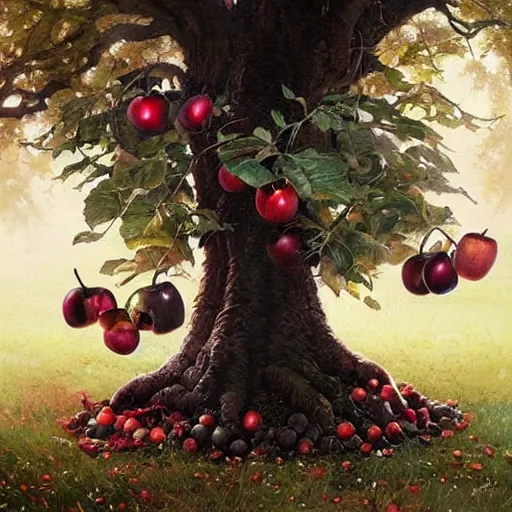 Prompt: a tree with many $black colored apples$ (((leaves))) !!!!!!!black poison apples, painted by rossdraws, greg rutkowski, thomas kindkade