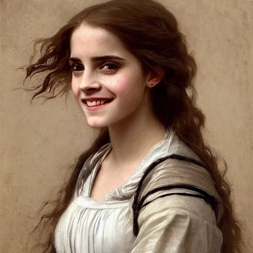 Prompt: Painting of Emma Watson as Hermione Granger. Smiling. Happy. Cheerful. Art by william adolphe bouguereau. Extremely detailed. Extreme close up. Beautiful. 4K. Award winning.