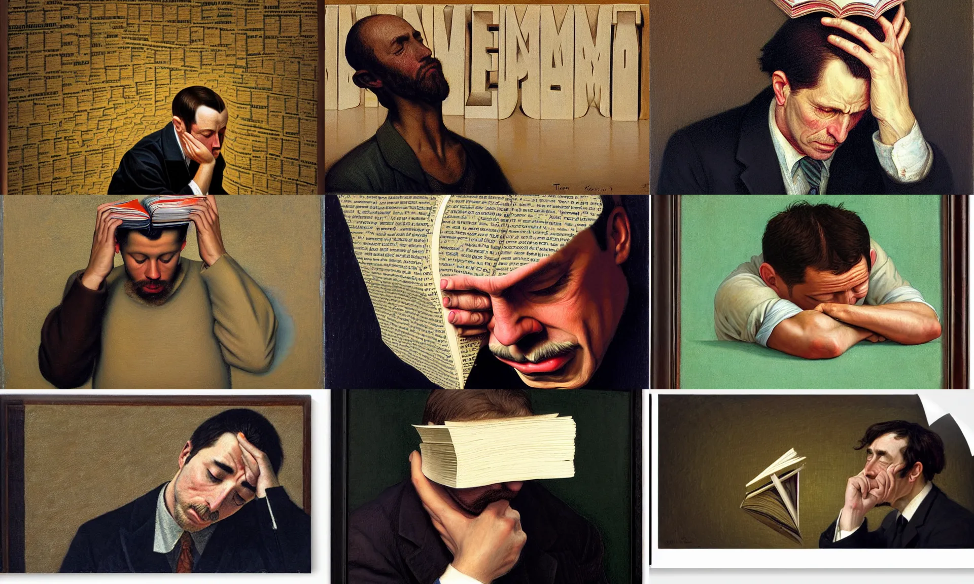 Prompt: A man clutching his head as information leaves it, words floating in midair, by Kenne Gregoire