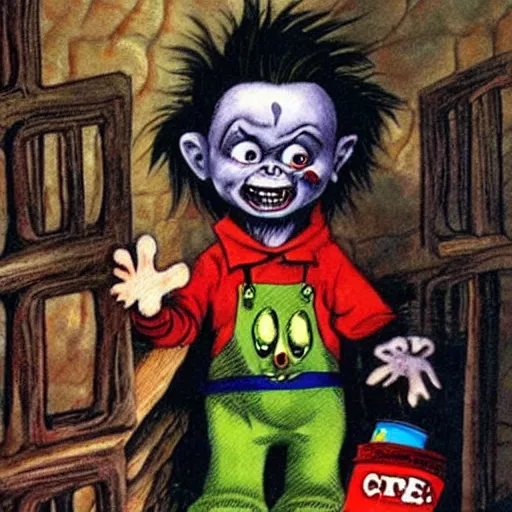 Image similar to dark fantasy painting of chucky by dr seuss | horror themed | creepy