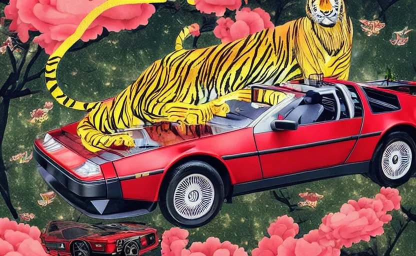 Image similar to a red delorean with a yellow tiger, art by hsiao - ron cheng and utagawa kunisada in a magazine collage, # de 9 5 f 0