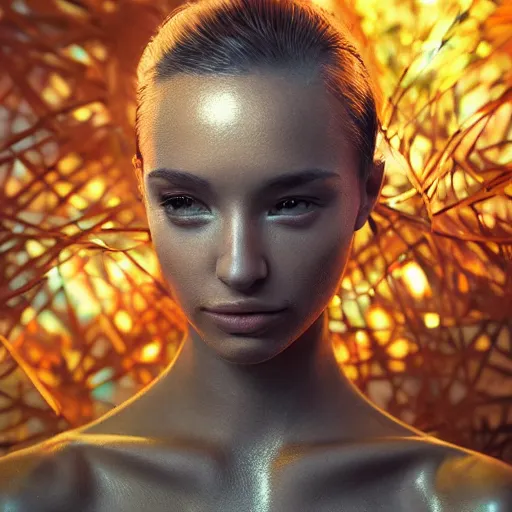 Image similar to a highly detailed digital image of an elegantly posed futuristic woman beautifully intertwined in chromatic liquid like leaves, by Andrew Chiampo, artstation, and Frederik Heyman, extremely detailed woman, stunning volumetric lighting, hyper realism, fantasy 4k