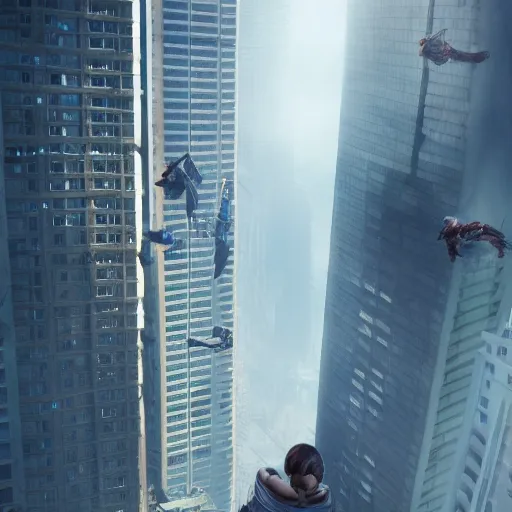 Image similar to a woman standing on top of a tall building, a detailed matte painting by Jeremy Geddes, trending on cgsociety, panfuturism, playstation 5 screenshot, unreal engine, unreal engine 5