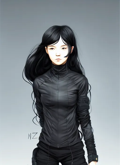 Image similar to full body portrait of long black hair girl within a techwear. cynical face, concept art, character illustrations, intricate, highly detailed 8 k, smooth, sharp focus, beautiful and aesthetic shape of face and body, artgerm, artstation, art by zexi guo and nira and junpei suzuki and gharliera and rinotuna