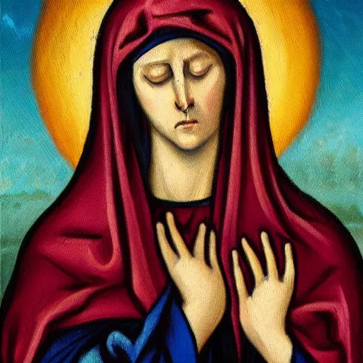 Image similar to original oil painting of our lady of sorrows crying