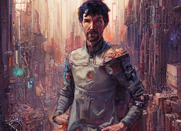 Image similar to a highly detailed cyberpunk portrait of stephen strange, james gurney, james jean