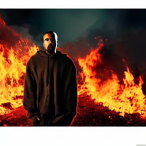 Image similar to A photo of Kanye West setting fire to a house, 8K concept art, blue hour, perfect faces, vivid, dark, menacing