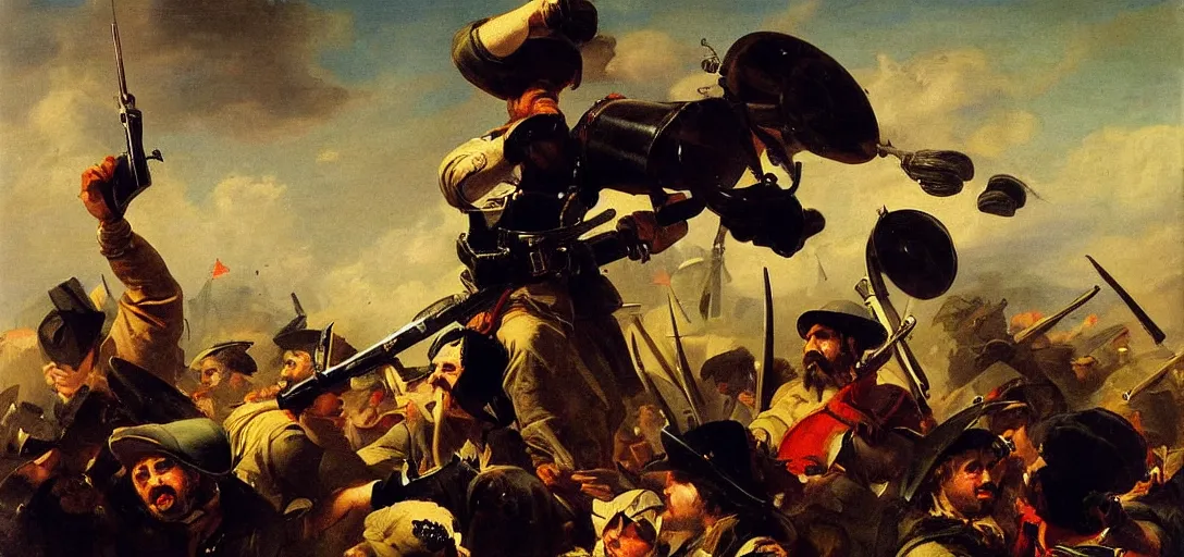 Image similar to a moustached frenchman holding a gpu above his head triumphantly during a battlefield victory, romanticism painting, hyper detailed