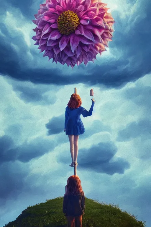 Image similar to closeup perspective, giant dahlia flower as head, girl standing on mountain, surreal photography, blue storm clouds, dramatic light, impressionist painting, digital painting, artstation, simon stalenhag