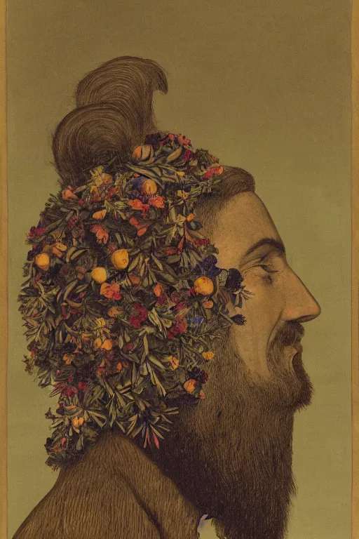 Image similar to a man's face in profile, with a long beard made of flowers and fruit, in the style of the Dutch masters and Gregory crewdson, dark and moody