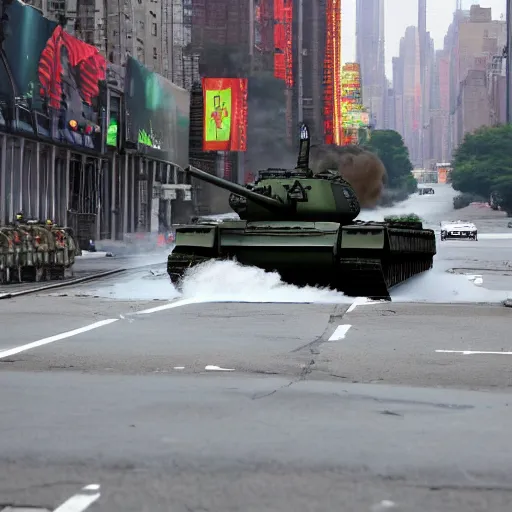 Prompt: Kim Jong-un as huge tank destroys new york city