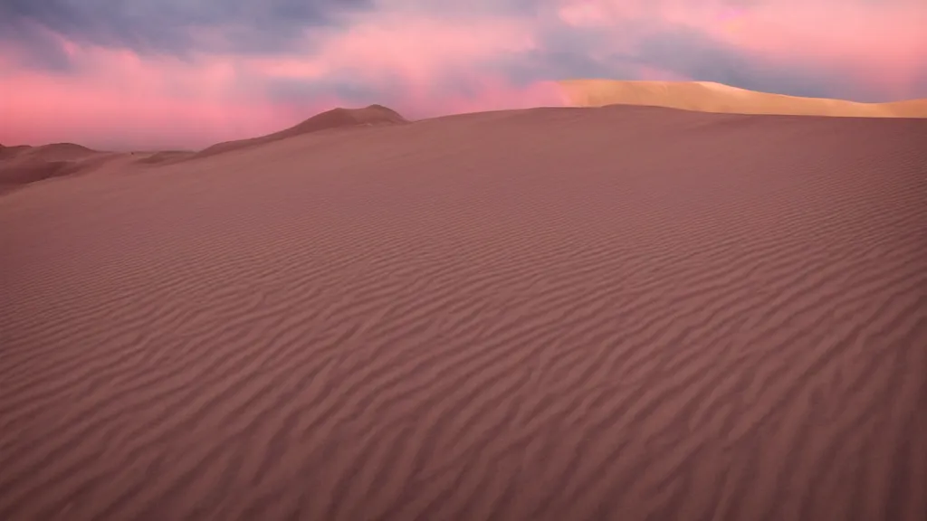 Image similar to The sand dunes under the pink clouds backlit by the sun