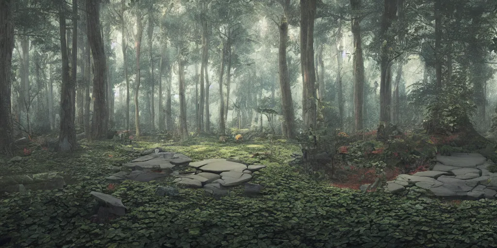 Prompt: 3d painted forest landscape with a single small brutalism monument in the center by james jean, redshift, octane