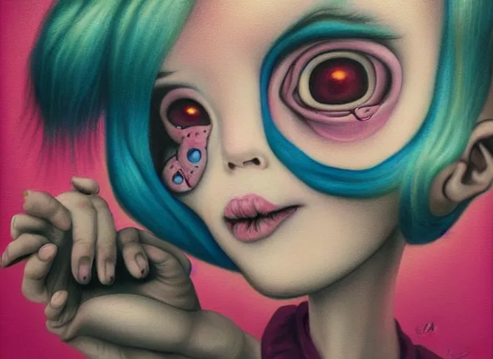 Image similar to pop surrealism, lowbrow art, realistic cute girl painting, japanese street fashion, hyper realism, muted colors, mark ryden, trevor brown style