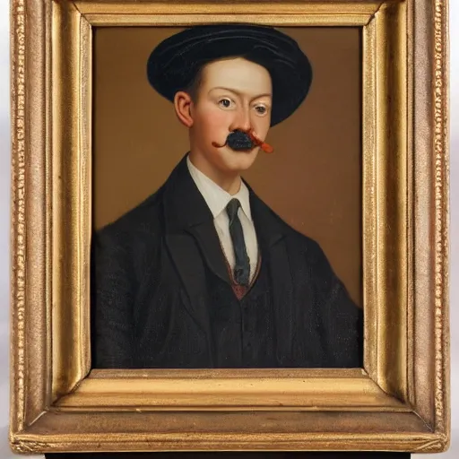 Image similar to portrait of a british young man in a flat cap, a small mustache, and a nice brown suit, oil painting