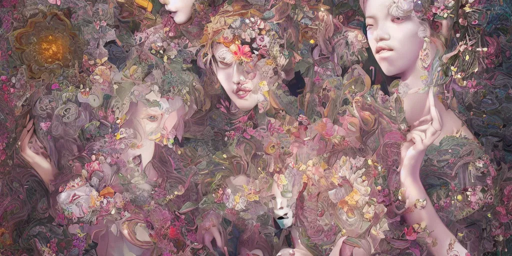 Image similar to breathtaking detailed concept art painting kaleidoscope art deco pattern of blonde faces goddesses amalmation flowers, by hsiao - ron cheng, bizarre compositions, exquisite detail, extremely moody lighting, 8 k