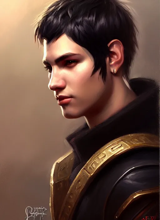 Image similar to a _ fantasy _ style _ portrait _ painting _ of young adult male, very short black fringe hair, round face, rpg dnd oil _ painting _ unreal _ 5 _ daz. _ rpg _ portrait _ extremely _ detailed _ artgerm _ greg _ rutkowski _ greg