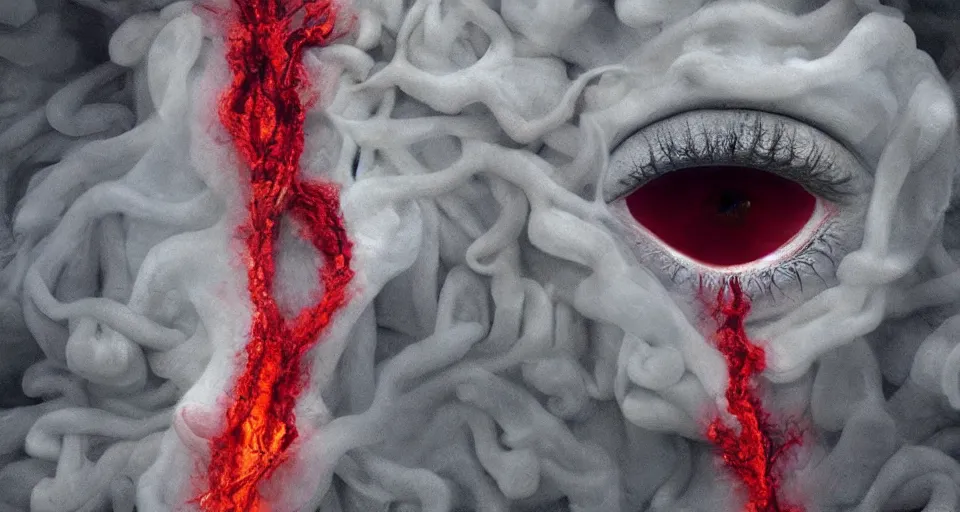 Image similar to a volcano made of ivory vines and crimson rocks enters in eruption, it spits a smoke in the shape of demonic eye, by Alyssa Monks