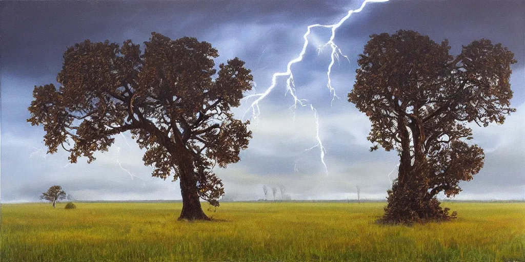 Prompt: lightning strikes a tree in the middle of a field, painting By Andy Worhol,