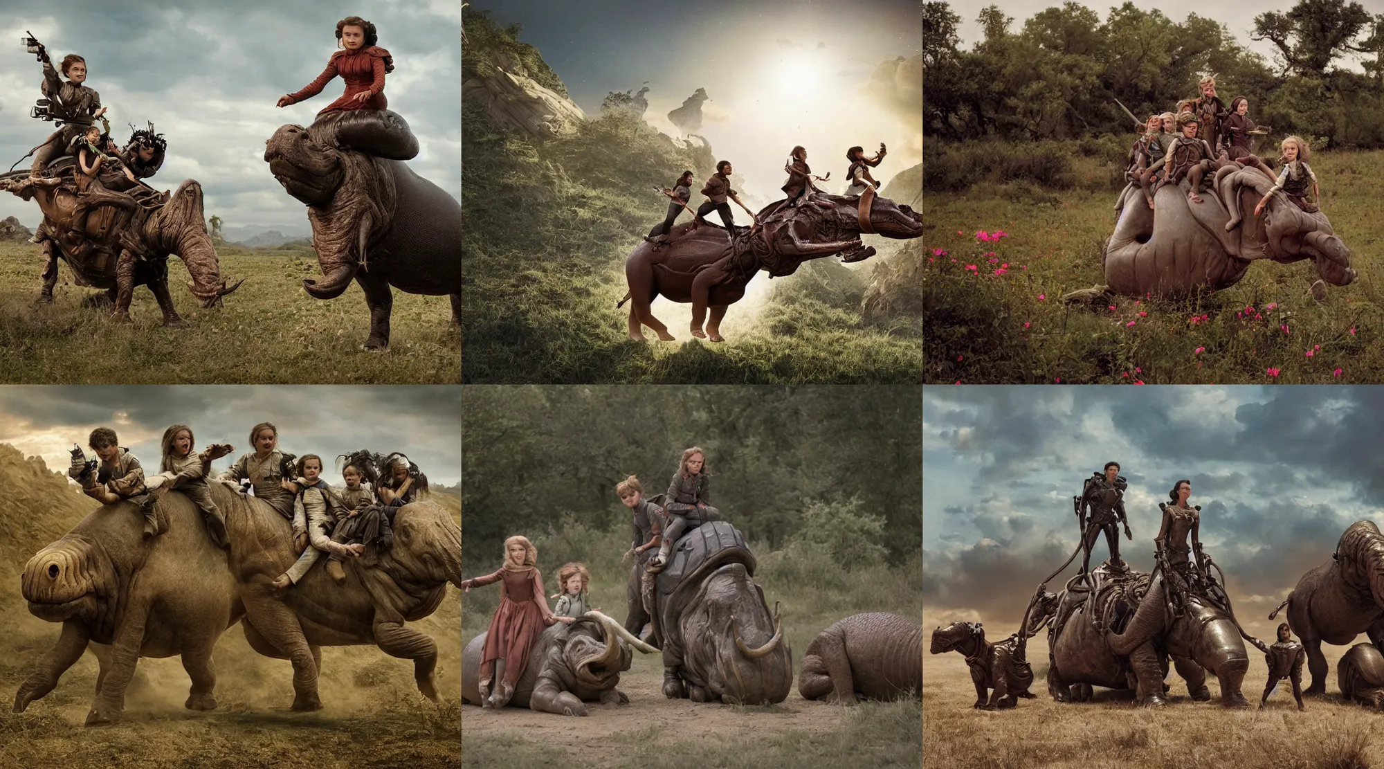 Image similar to 70mm still from a sci fi blockbuster movie made in 2022, set in 1860, of a family riding on the back of alien hippos, on an alien planet, across an alien landscape that is full of strange wild alien plants and flowers, the family are wearing 1850s era clothes, cinematic lighting, 8k, in focus faces, good quality lighting, good quality photography, oscar winner