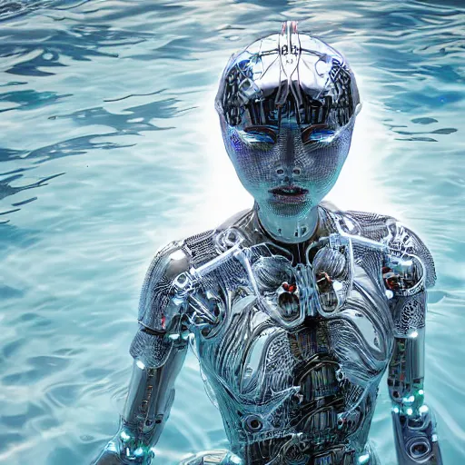 Image similar to beautiful centered Fine art photo portrait of HoYeon Jung as a solarpunk robotic humanoid treading on water, white mechanical parts with led lights, photorealistic, white background, highly detailed and intricate, sun lighting, HDR 8k