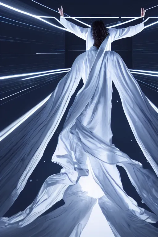 Image similar to jesus christ wearing a white robe strikes a dance pose as the world ends around him, intricate, hyper detailed, accent lighting, dramatic light, 4 k octane render