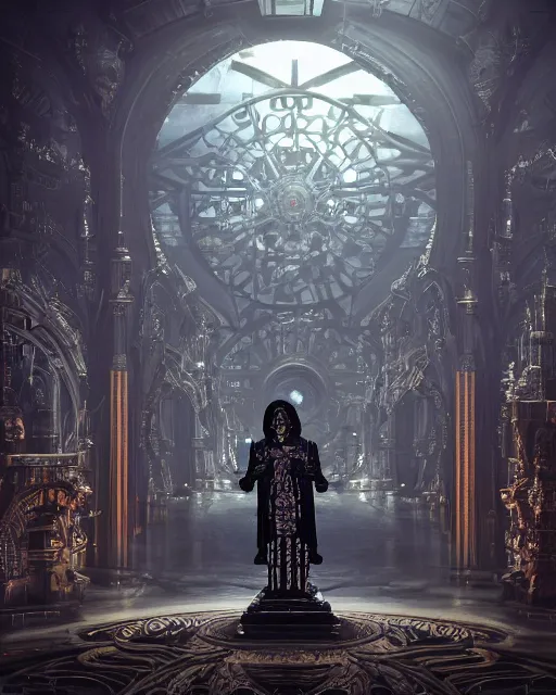 Image similar to a dark sci fi matte painting portrait of a a metallic skeleton priest surrounded by huge metal mandalas and ornate metal, art deco shapes, cinematic lighting, rim light smooth, dark sci fi, unreal engine, octane render, by blizzard studios, golden rule, subject in center of frame, fog volumes, vivid color glow, cgsociety