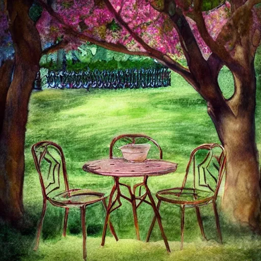 Image similar to delicate portrait, symmetric artwork, chairs, garden, paved, botanic watercolors, iridescent, 8 k, realistic shaded, fine details, artstation, italian, iron gate, tree, mediterranean, marvelous