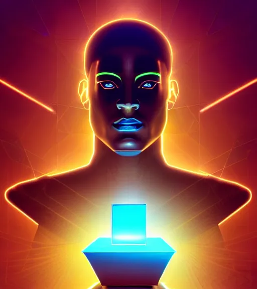 Image similar to symmetry!! egyptian god of technology, solid cube of light, hard edges, product render retro - futuristic poster scifi, lasers and neon circuits, brown skin handsome egyptian god, intricate, elegant, highly detailed, digital painting, artstation, concept art, smooth, sharp focus, illustration, dreamlike, art by artgerm