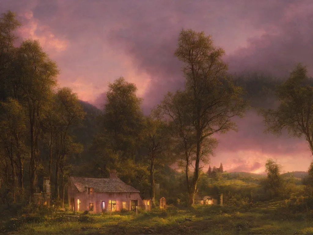 Image similar to a single witchhouse with lighted windows in a woodland, mysty mountain in the background, evening mood, pink clouds in the sky, by clive madgwick