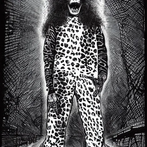 Prompt: animal print pants out of control. it's redfoo with a big afro! in the style of Stephen Gammell. Scary stories to tell in the dark. horror image. Scary! macabre illustration. crosshatching.