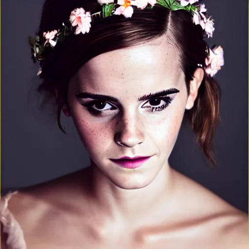 Image similar to emma watson with a multiflower crown princess, sensual, beautiful soft light failling on her face, studio photography, nikon 3 5 mm portrait photography, ultra realistic