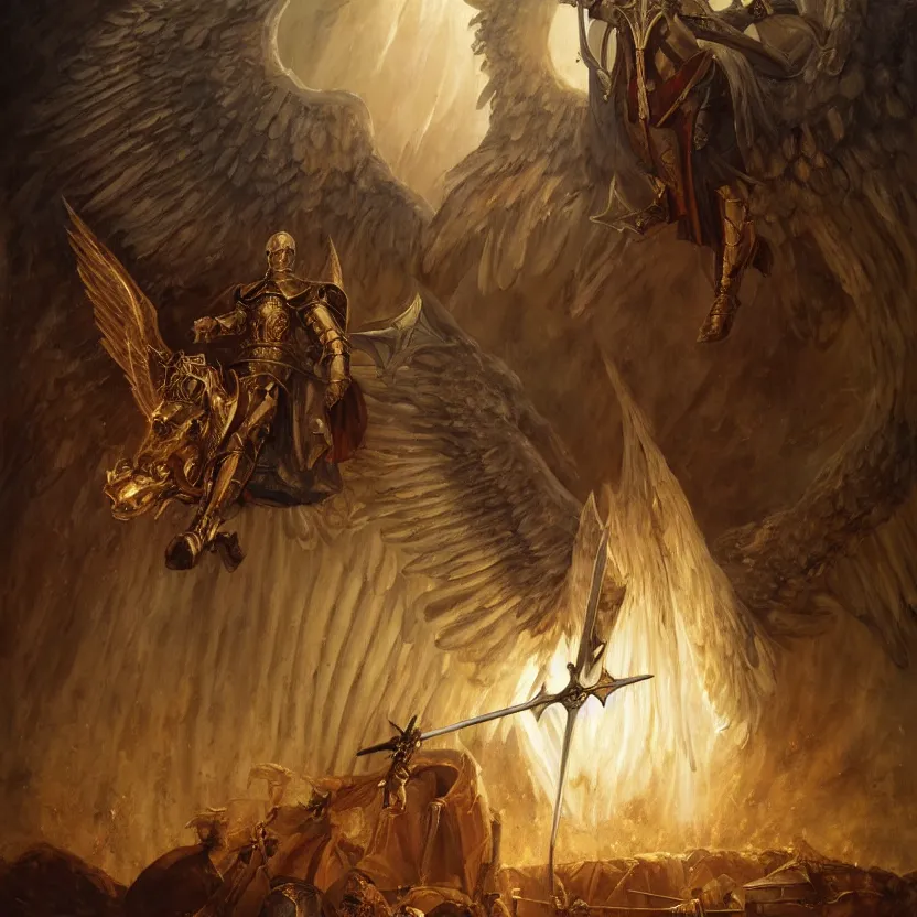 Image similar to painting of a powerful angel in medieval knights armory and white wings sitting on an enormous sword throne. cinematic lighting, atmospheric lighting, haunted, terrifying atmosphere by greg rutkowski, evelyn de morgan, bruce pennington.