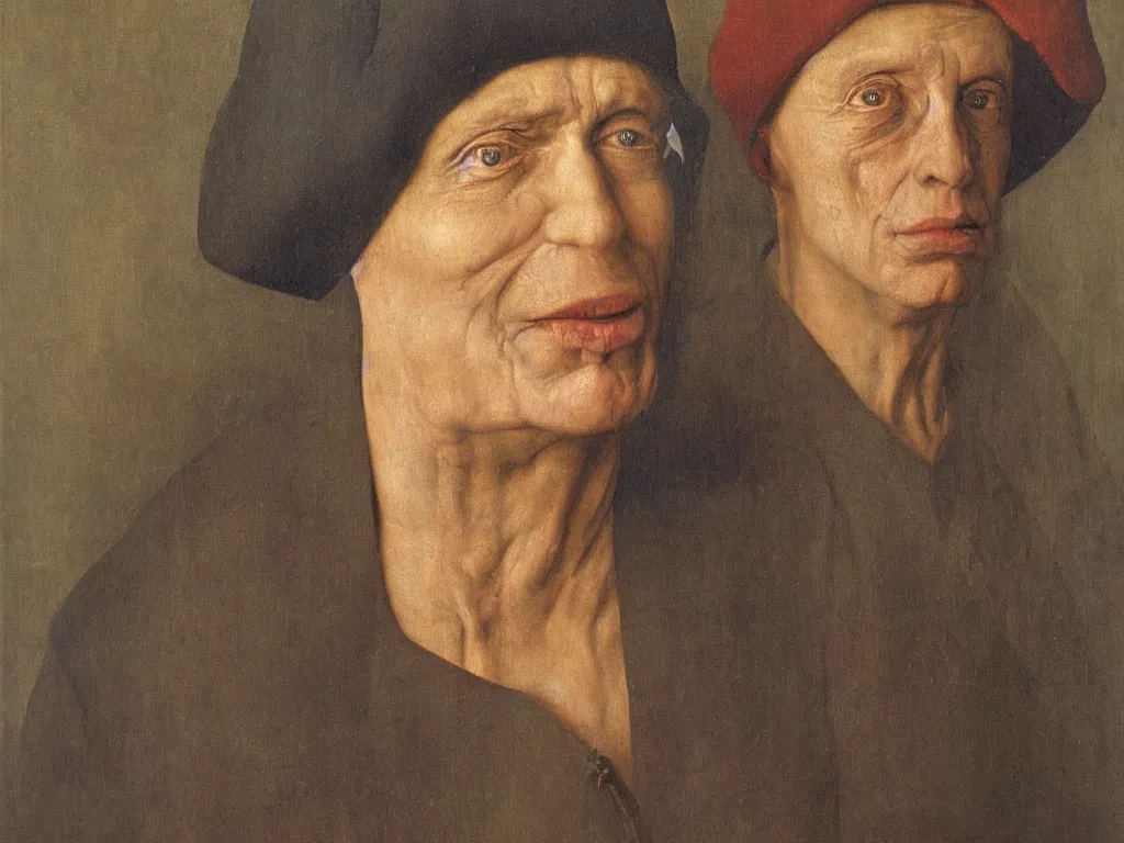 Image similar to portrait of a washed-up former Hollywood celebrity. Painting by Jan van Eyck, August Sander.