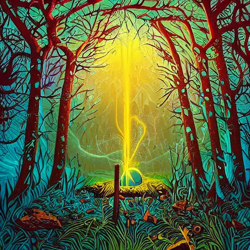 Prompt: A ruined portal with a spiritual and mystical sound in a forest by Howard Arkley, Anton Fadeev and Dan Mumford