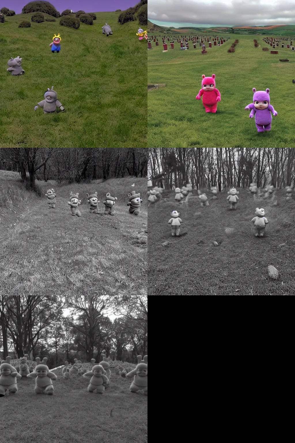 Prompt: teletubbies on cemetery captured on trail camera footage