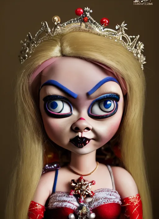 Prompt: closeup face profile portrait of tin toy bride of chucky as a fairytale princess wearing a crown eating cakes, bikini, depth of field, zeiss lens, detailed, symmetrical, centered, fashion photoshoot, by nicoletta ceccoli, mark ryden, lostfish, breathtaking, 8 k resolution, extremely detailed, beautiful, establishing shot, artistic, hyperrealistic, octane render