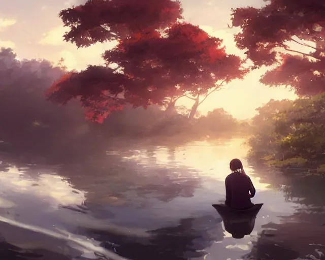 Prompt: one boy and one girl with long flowing auburn hair sitting together in a one single boat. Atmospheric lighting, long shot, romantic, boy and girl are the focus, trees, blue water. Anime. By Makoto Shinkai, Stanley Artgerm Lau, WLOP, Rossdraws, James Jean, Andrei Riabovitchev, Marc Simonetti, krenz cushart, Sakimichan, D&D trending on ArtStation, digital art.