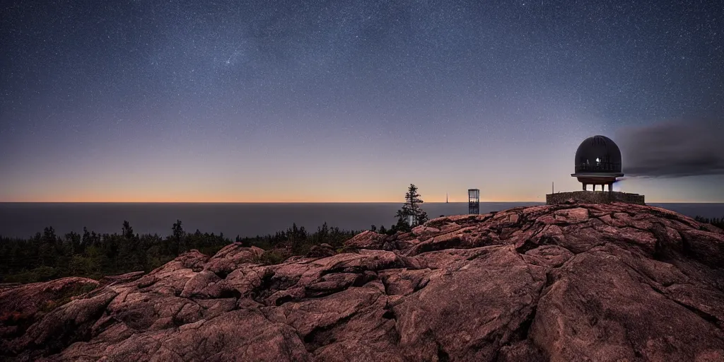 Prompt: stunning photo of landscape with an observatory on a mountain by mikko lagerstedt